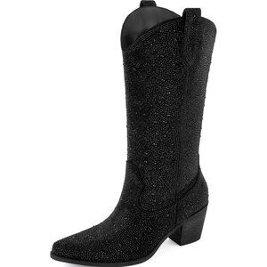 ⚡Women’s Sparkly Black Rhinestone Cowboy Boots Mid Calf Pointed Toe Block Heel